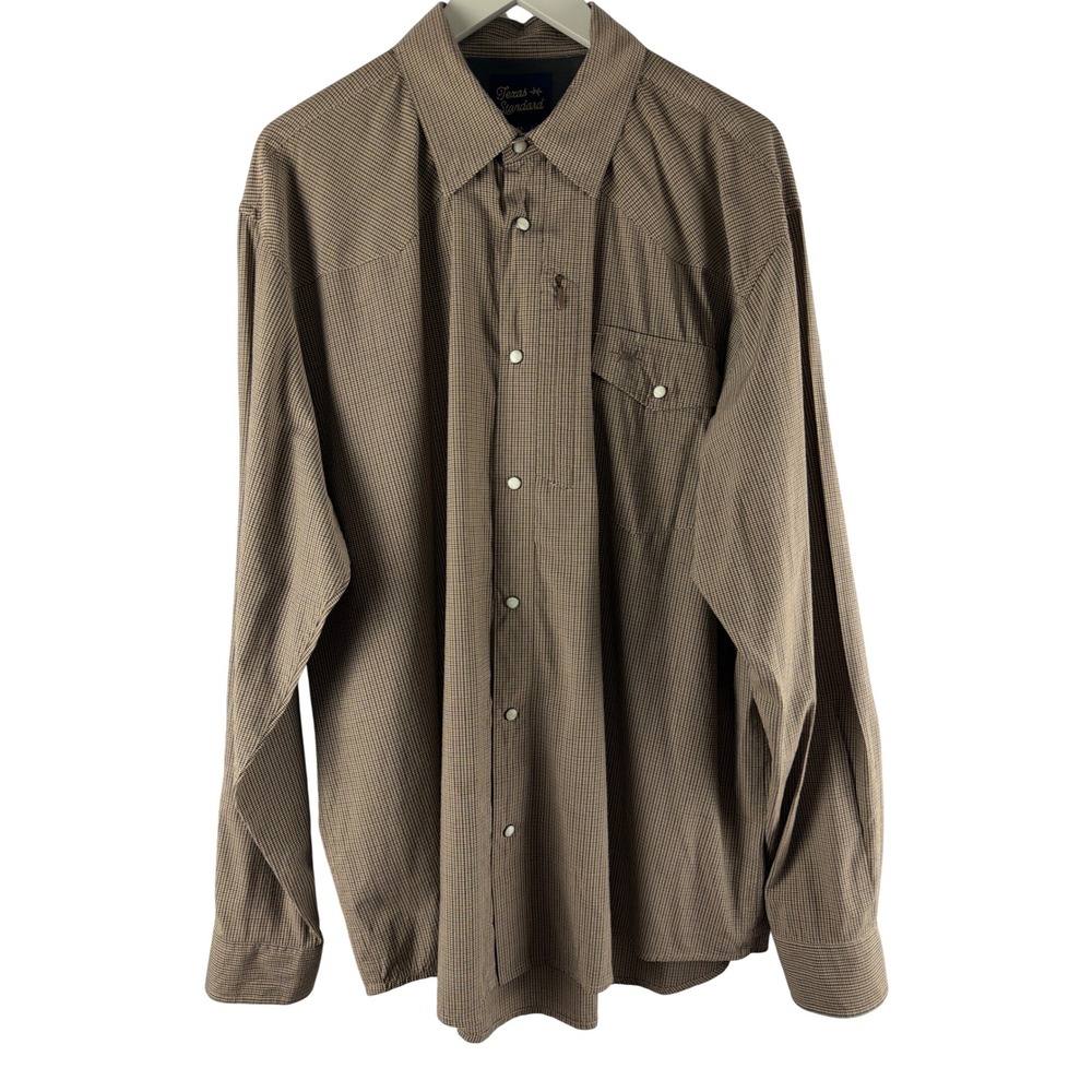 Texas Standard Mens XL Western Pearl Snap Shirt Brown Micro Check Vented Back